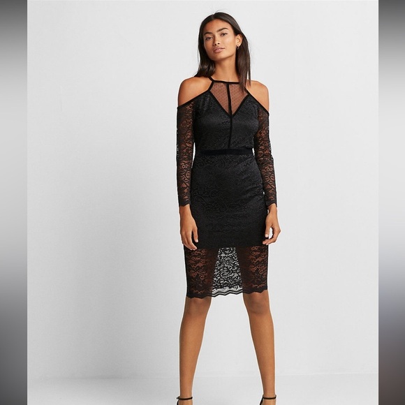 EXPRESS Lace Velvet Piped Cold Shoulder Sheath Dress BLACK Size 0 - Picture 1 of 10
